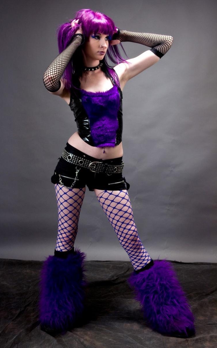 Purple Haired Gothic Girl wearing Blue Fishnet Pantyhose and Black Shorts
